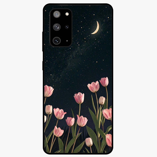 Midnight Tulip Whispers Vibe Glass Case showing flat back view with elegant tulip flower artwork and glossy glass finish.