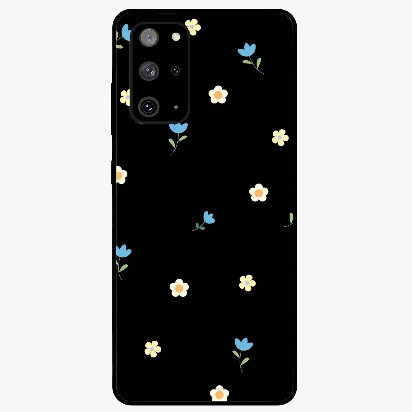 Minimalistic Blue With White Flower Pattern Glass Case showing flat back view with blue background and white flower pattern and glossy glass finish.