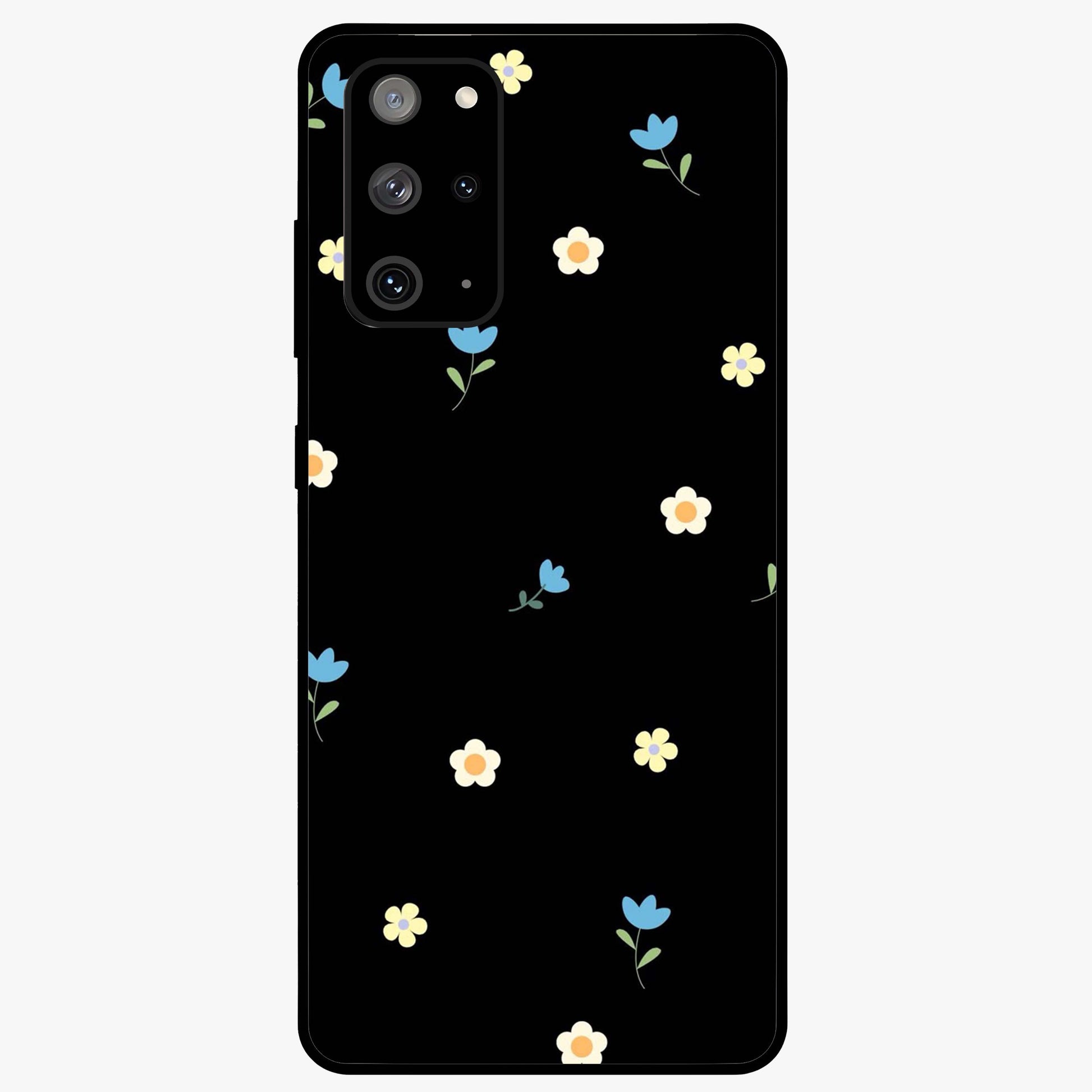 Minimalistic Blue With White Flower Pattern Glass Case showing flat back view with blue background and white flower pattern and glossy glass finish.