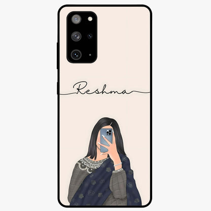 Mirror Mood Muse With Custom Name Glass Case showing flat back view with stylish mirrored artwork and personalized name design.