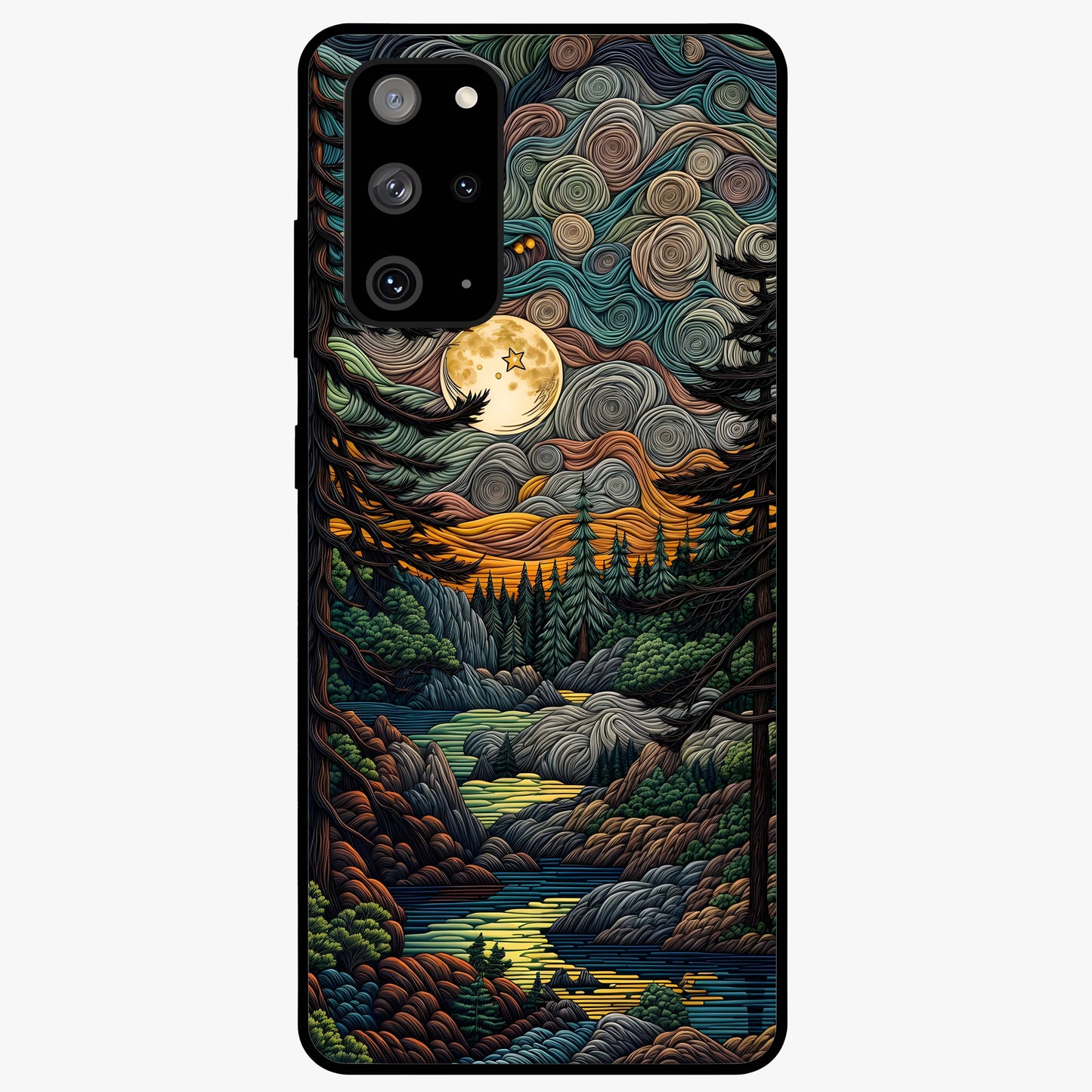 Moonlight Forest Dream Glass Case showing flat back view with mystical forest moonlight artwork and glossy glass finish.
