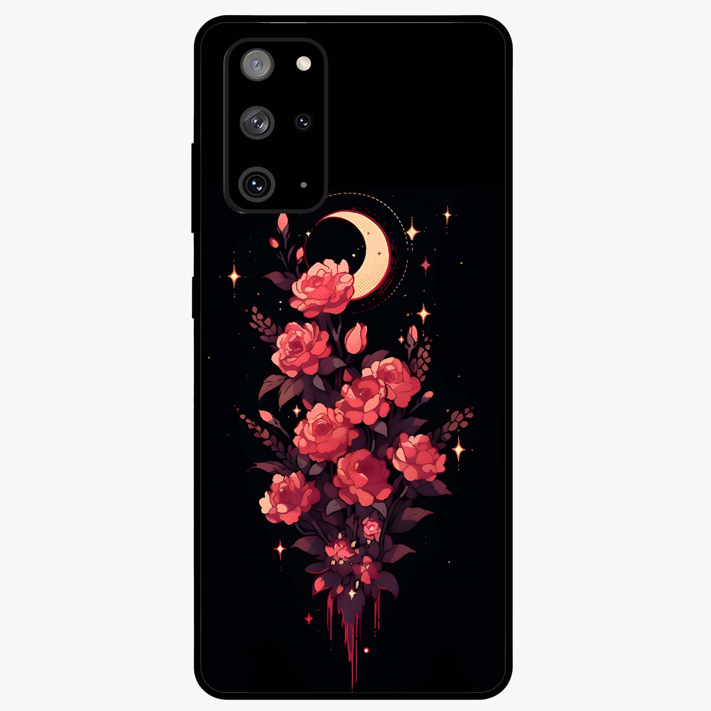 Moonlit Floral Elegance Glass Case showing flat back view with elegant floral artwork under moonlit tones and glossy glass finish.