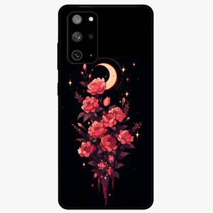 Moonlit Floral Elegance Glass Case showing flat back view with elegant floral artwork under moonlit tones and glossy glass finish.