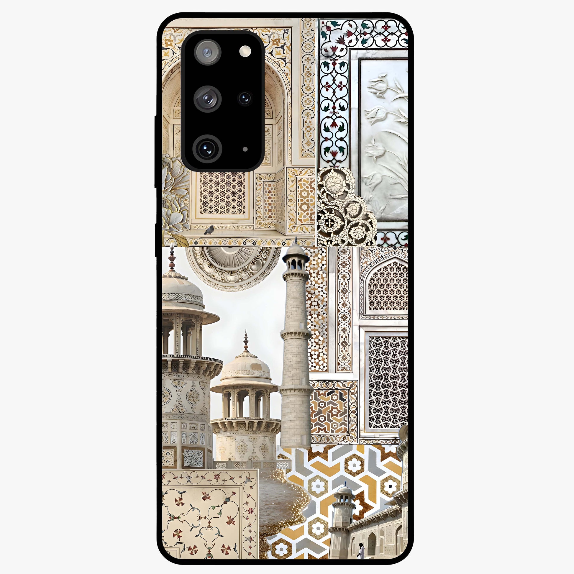 Mughal Marble Legacy Glass Case showing flat back view with intricate Mughal inspired marble pattern and glossy glass finish.