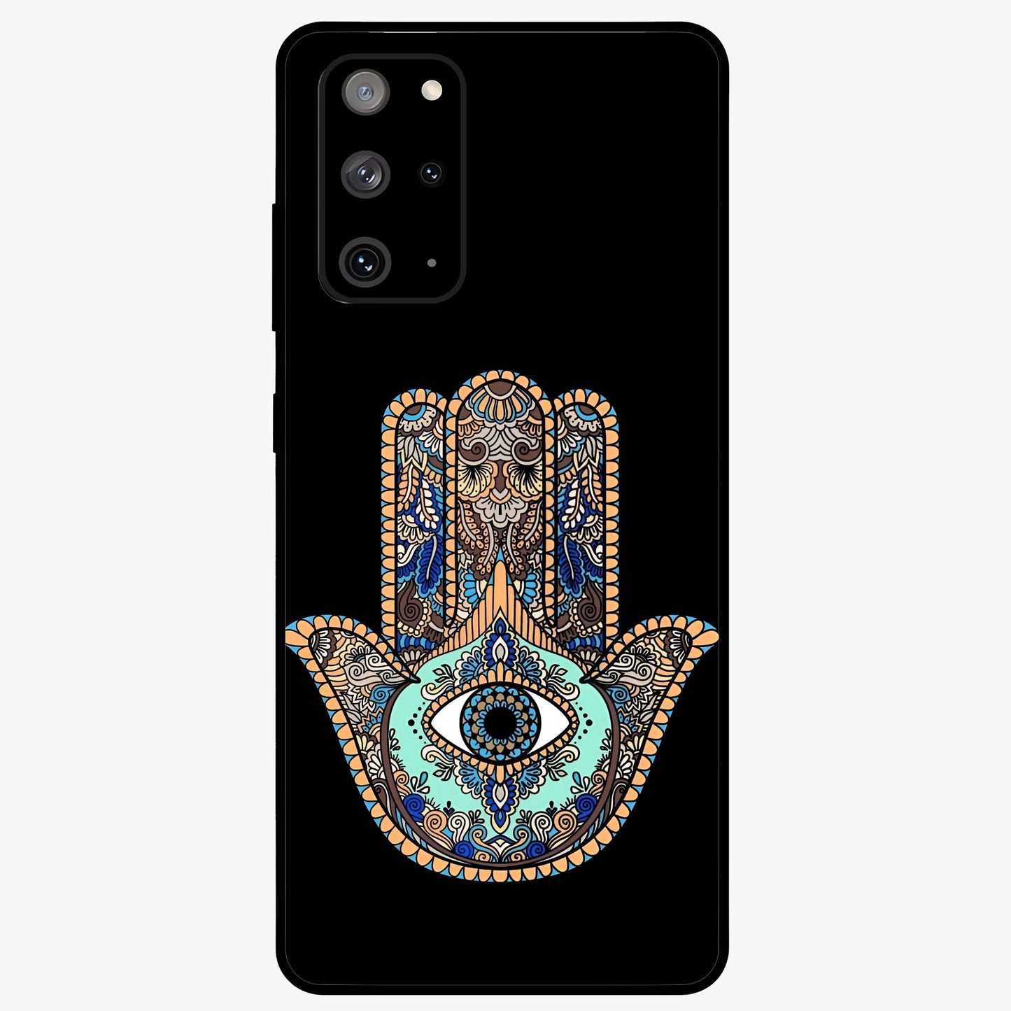 Mystic Hamsa Eye Glass Case showing flat back view with protective hamsa hand and evil eye artwork and glossy glass finish.