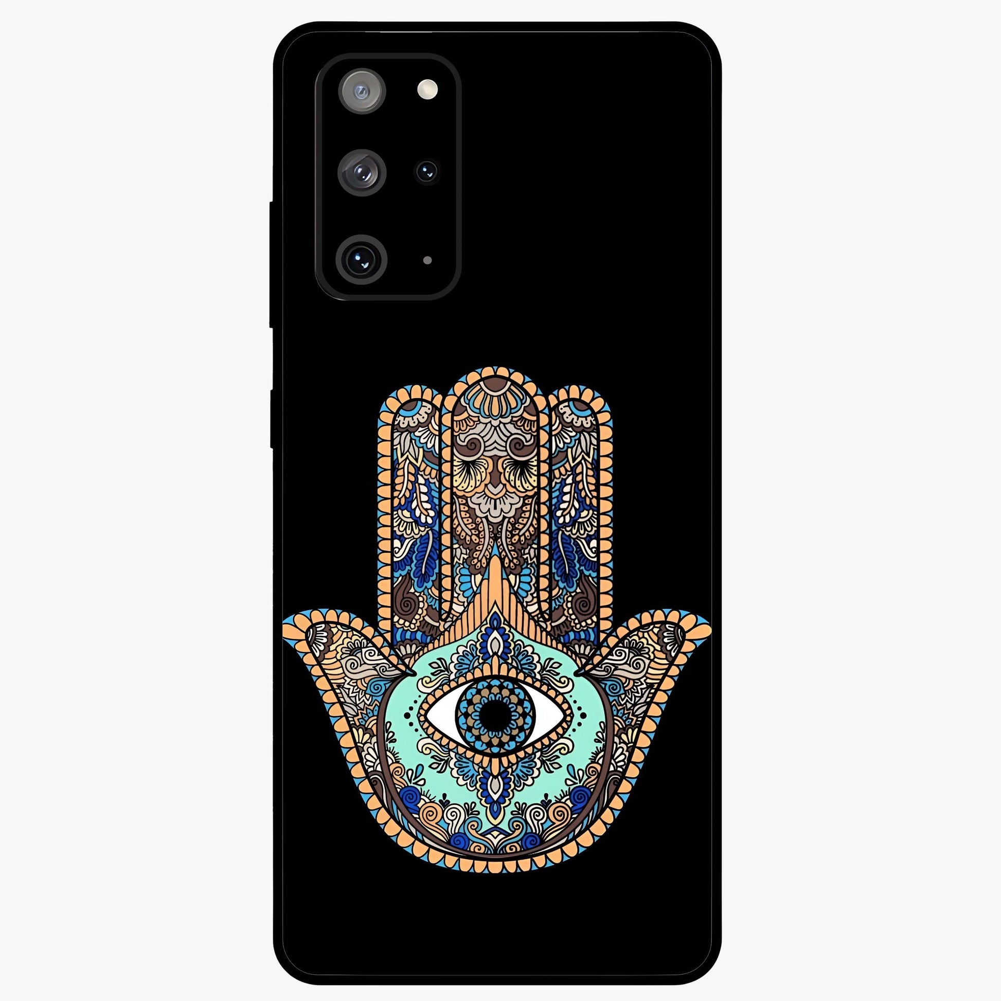 Mystic Hamsa Eye Glass Case showing flat back view with protective hamsa hand and evil eye artwork and glossy glass finish.
