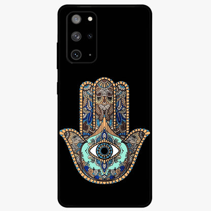 Mystic Hamsa Eye Glass Case showing flat back view with protective hamsa hand and evil eye artwork and glossy glass finish.