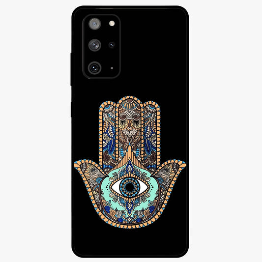 Mystic Hamsa Eye Glass Case showing flat back view with protective hamsa hand and evil eye artwork and glossy glass finish.