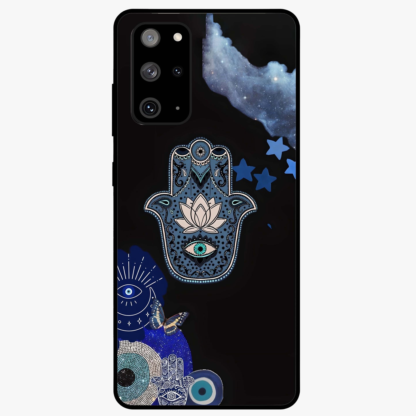 Mystic Hand Aura Glass Case showing flat back view with mystical hand symbol artwork and glossy glass finish.