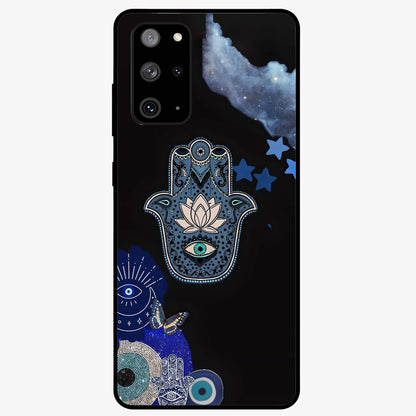 Mystic Hand Aura Glass Case showing flat back view with mystical hand symbol artwork and glossy glass finish.