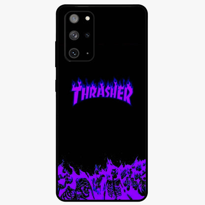 Neon Flame Riot Glass Case showing flat back view with neon flame artwork and glossy glass finish.