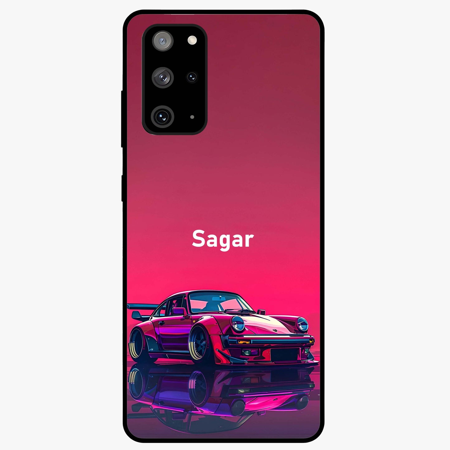 Neon Pink Porsche Glass Case showing flat back view with stylish sports car artwork and glossy glass finish.