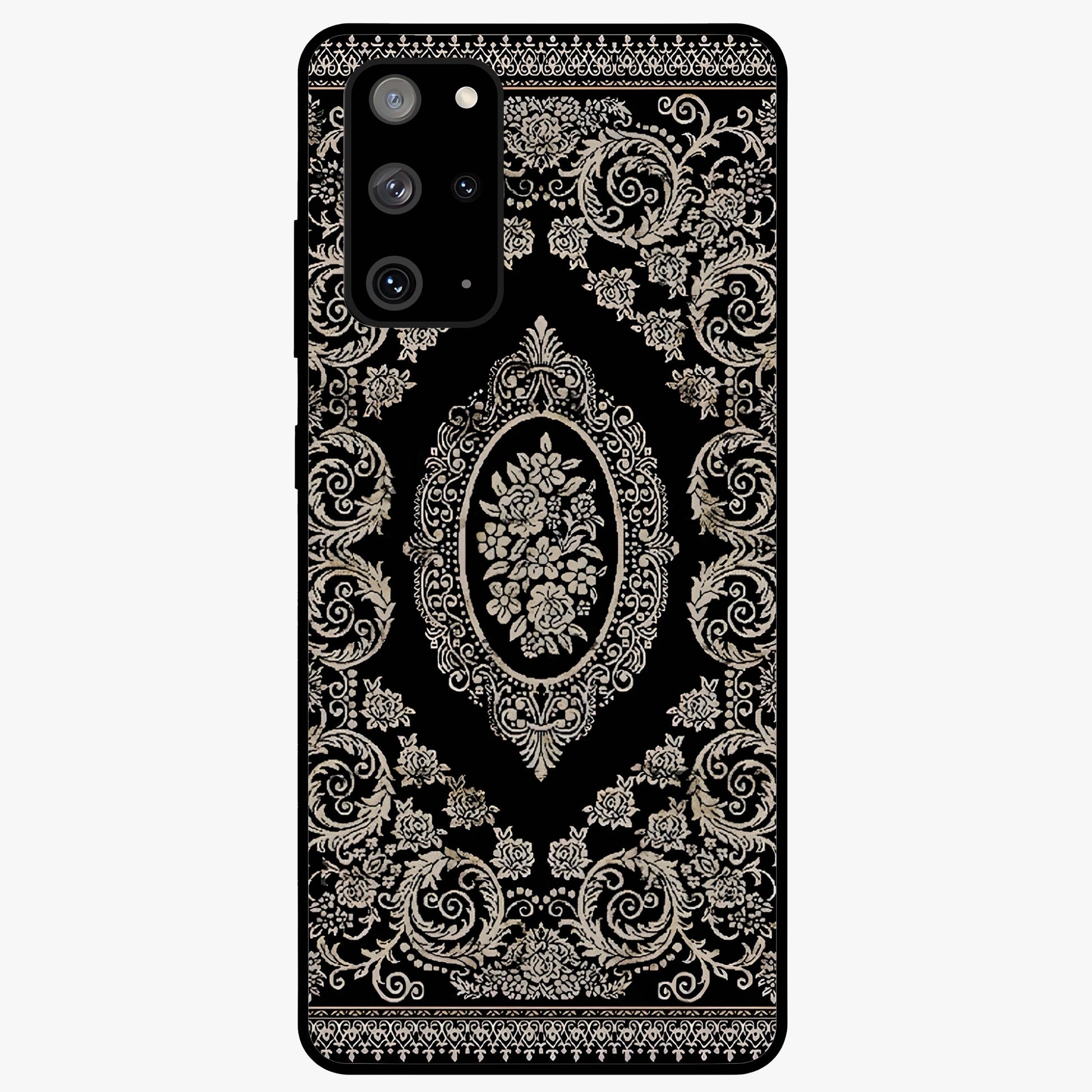 Noir Bloom Elegance Glass Case showing flat back view with elegant dark floral artwork and glossy glass finish.