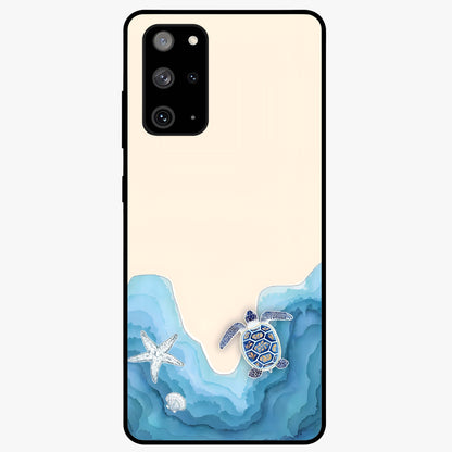 Ocean Drift Turtle Glass Case showing flat back view with sea turtle artwork and glossy glass finish.