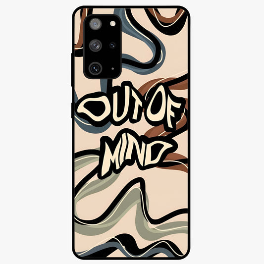 Out Of Mind Glass Case showing flat back view with expressive typography artwork and glossy glass finish.