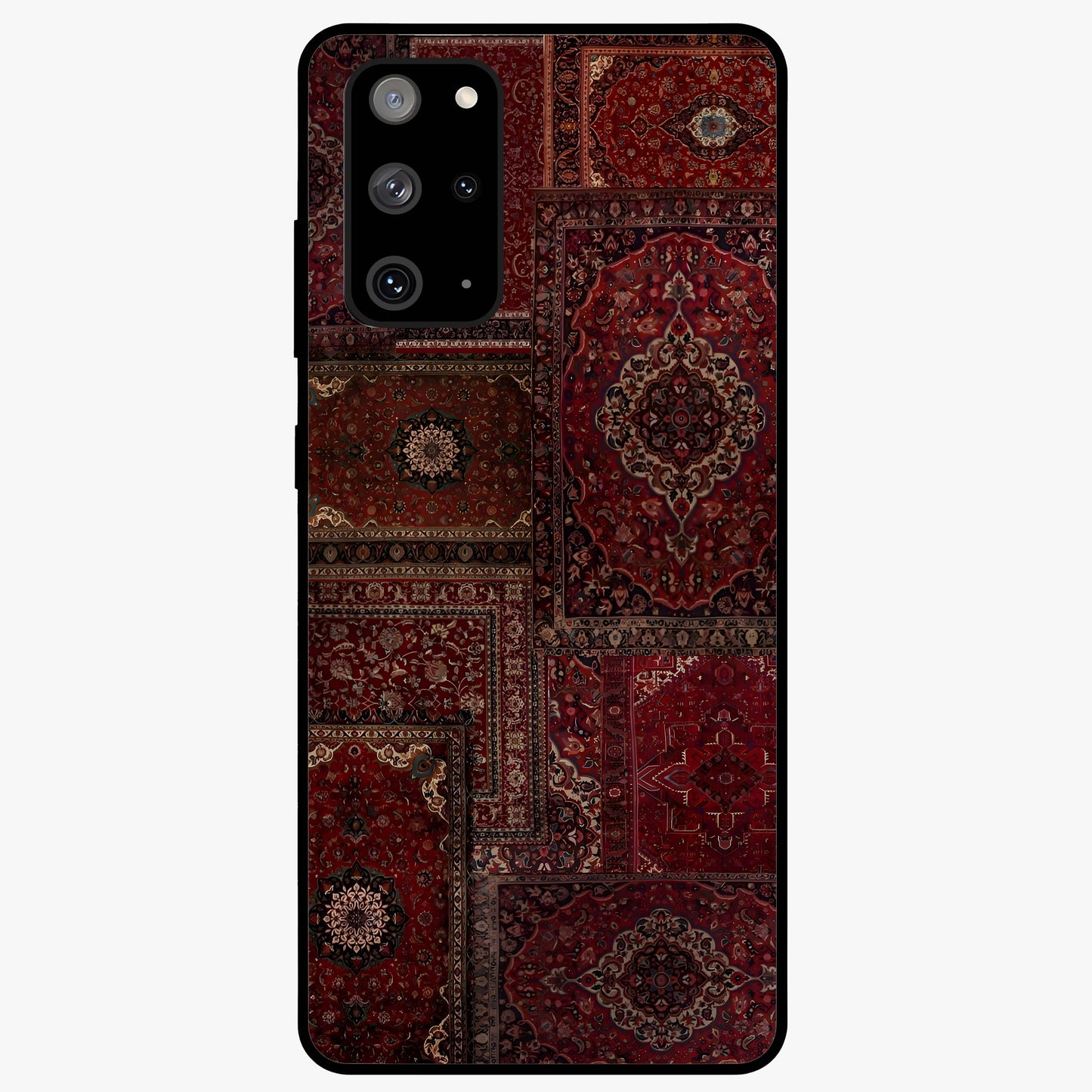Persian Velvet Tale Glass Case showing flat back view with luxurious Persian velvet pattern artwork and glossy glass finish.