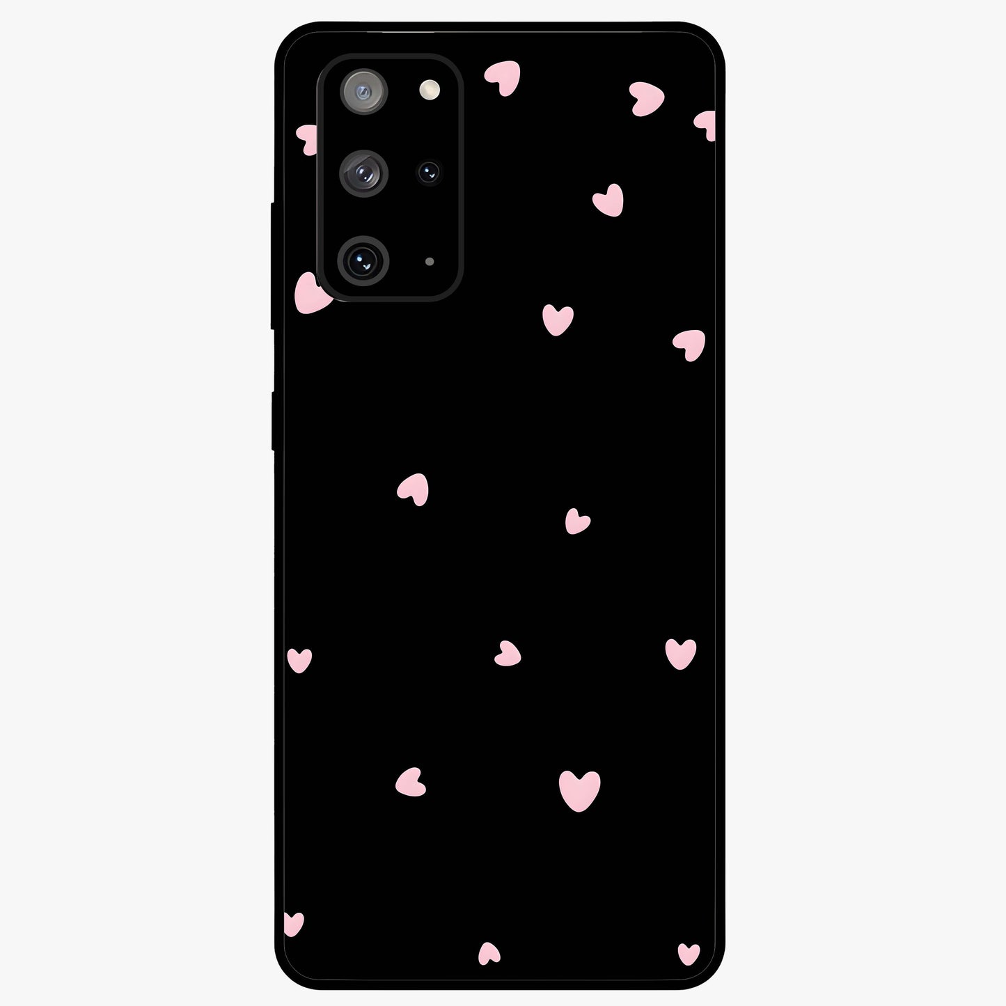 Pink Love Drops Glass Case showing flat back view with playful pink heart drops artwork and glossy glass finish.
