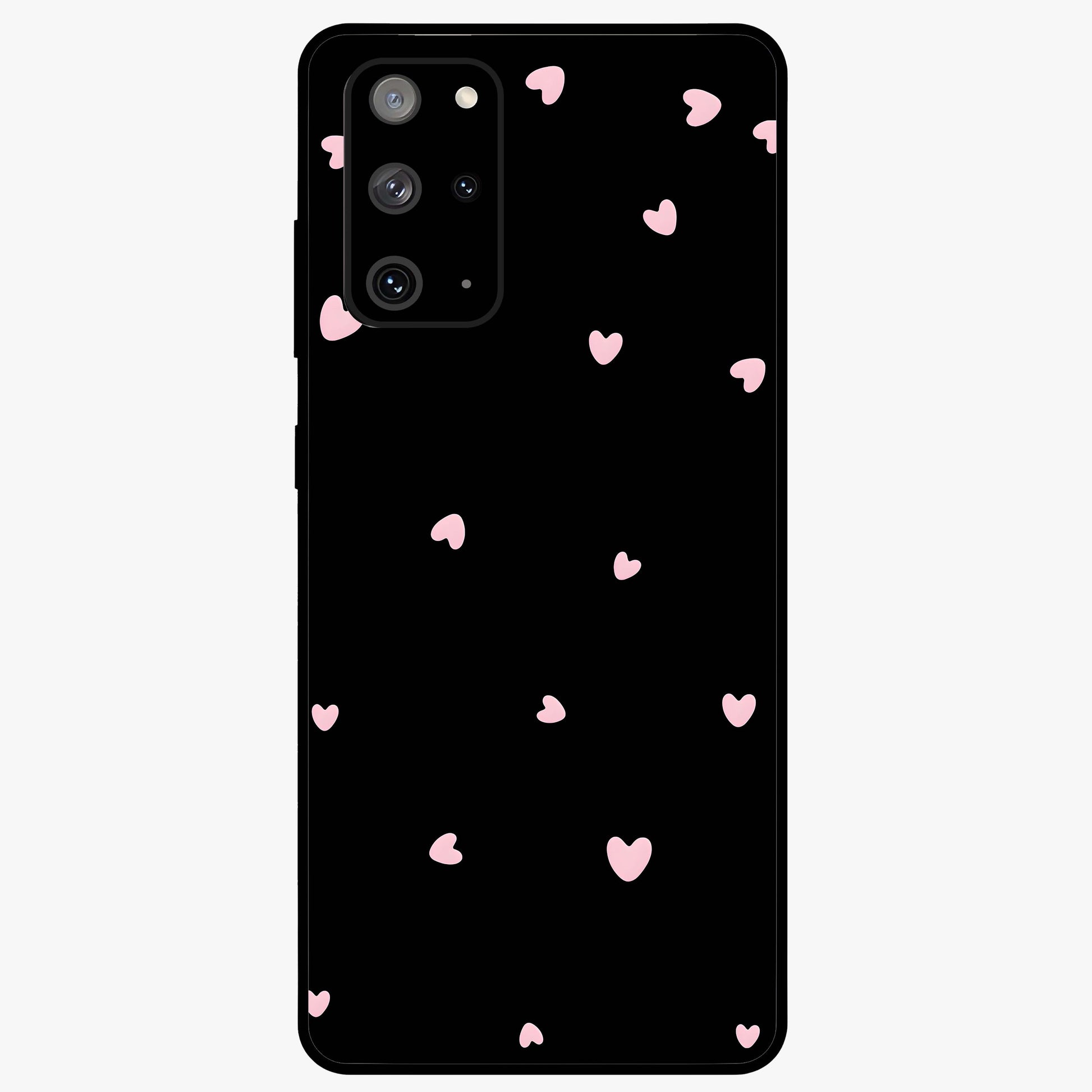 Pink Love Drops Glass Case showing flat back view with playful pink heart drops artwork and glossy glass finish.