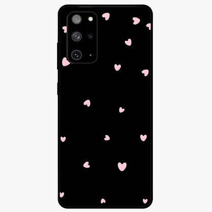 Pink Love Drops Glass Case showing flat back view with playful pink heart drops artwork and glossy glass finish.