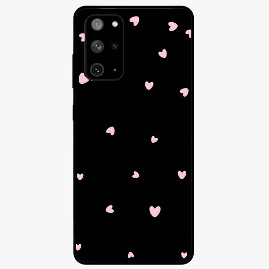 Pink Love Drops Glass Case showing flat back view with playful pink heart drops artwork and glossy glass finish.