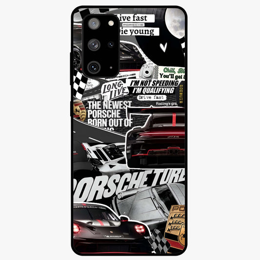Porsche Racing Collage Glass Case showing flat back view with sports car racing collage artwork and glossy glass finish.
