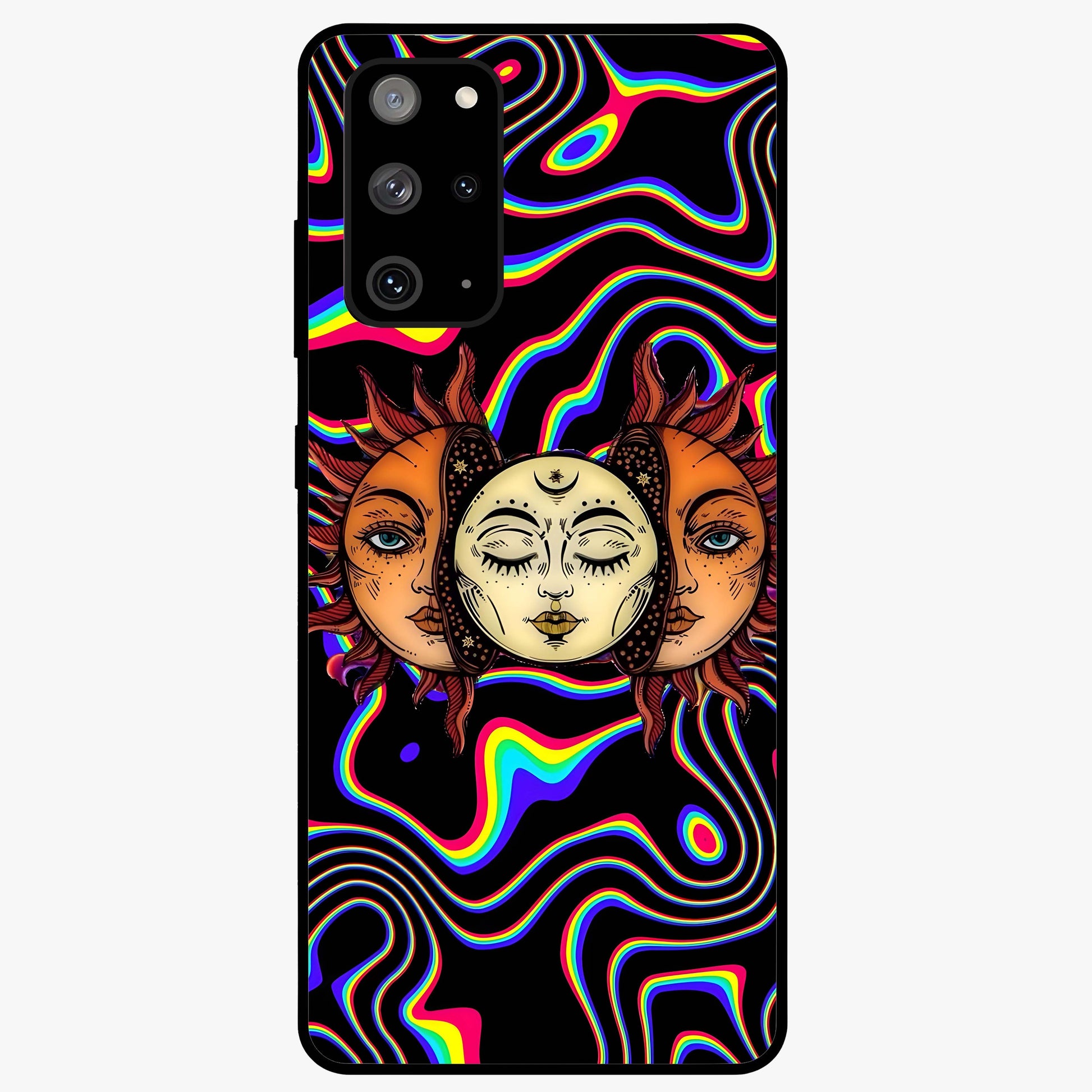 Psychedelic Sun Glass Case showing flat back view with colorful psychedelic sun artwork and glossy glass finish.