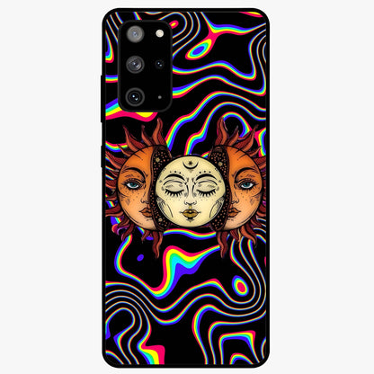 Psychedelic Sun Glass Case showing flat back view with colorful psychedelic sun artwork and glossy glass finish.