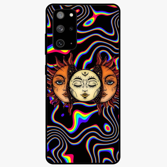 Psychedelic Sun Glass Case showing flat back view with colorful psychedelic sun artwork and glossy glass finish.