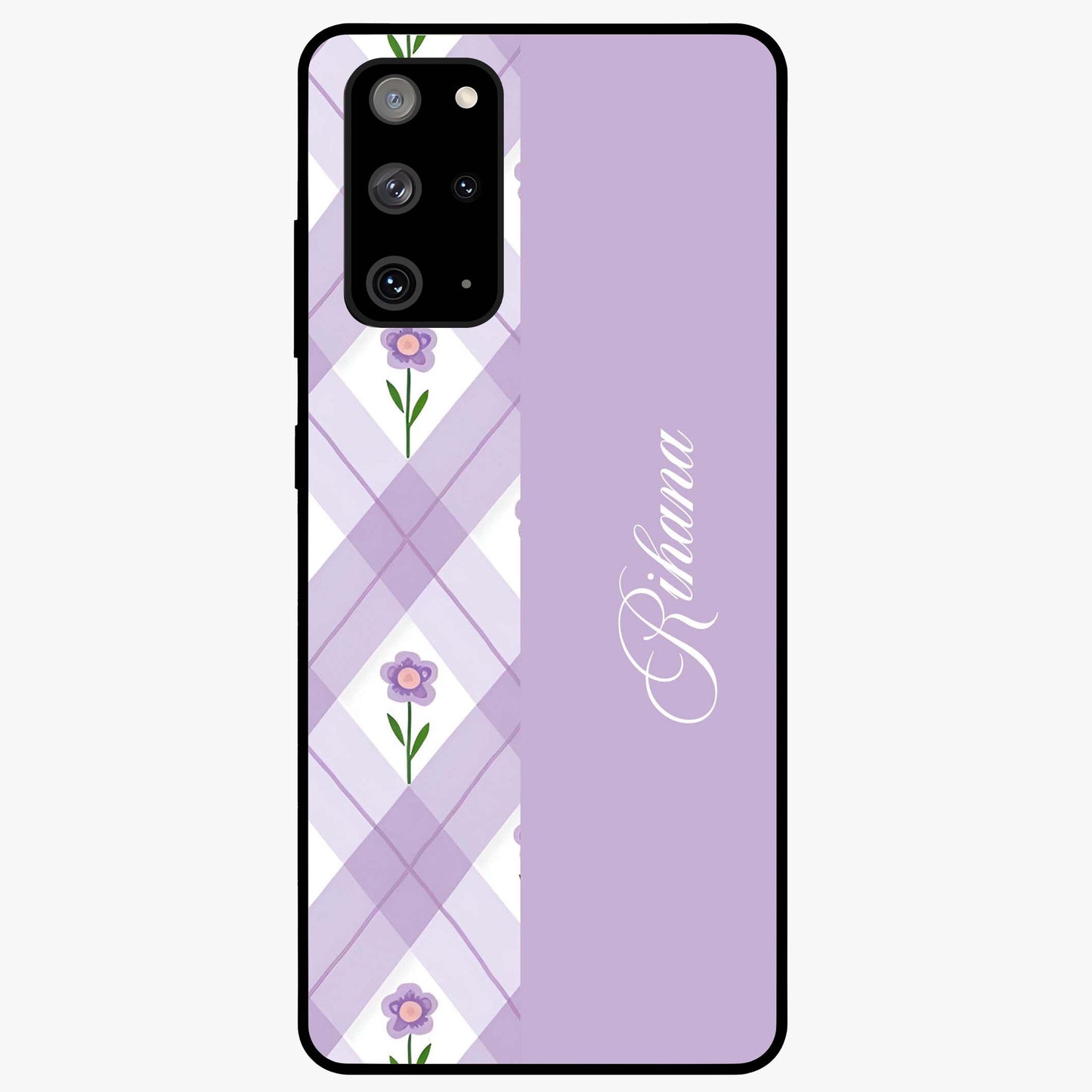 Purple Diamond Floral Glass Case showing flat back view with diamond shaped floral artwork and glossy glass finish.
