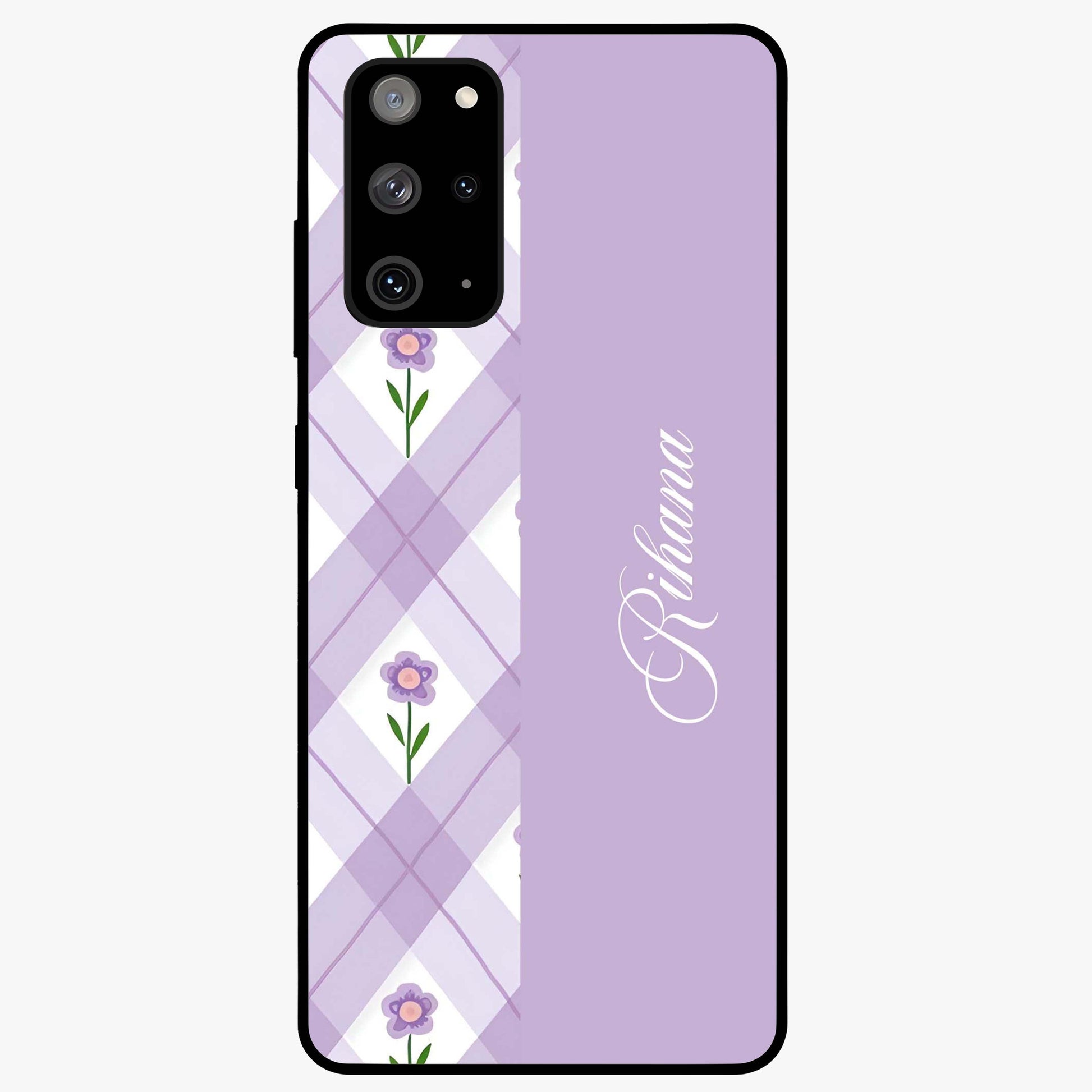 Purple Diamond Floral Glass Case showing flat back view with diamond shaped floral artwork and glossy glass finish.
