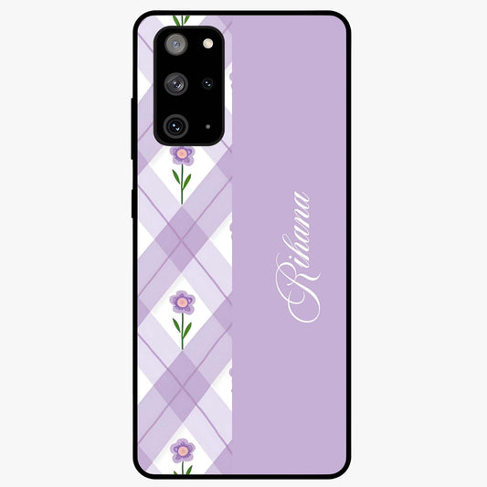 Purple Diamond Floral Glass Case showing flat back view with diamond shaped floral artwork and glossy glass finish.