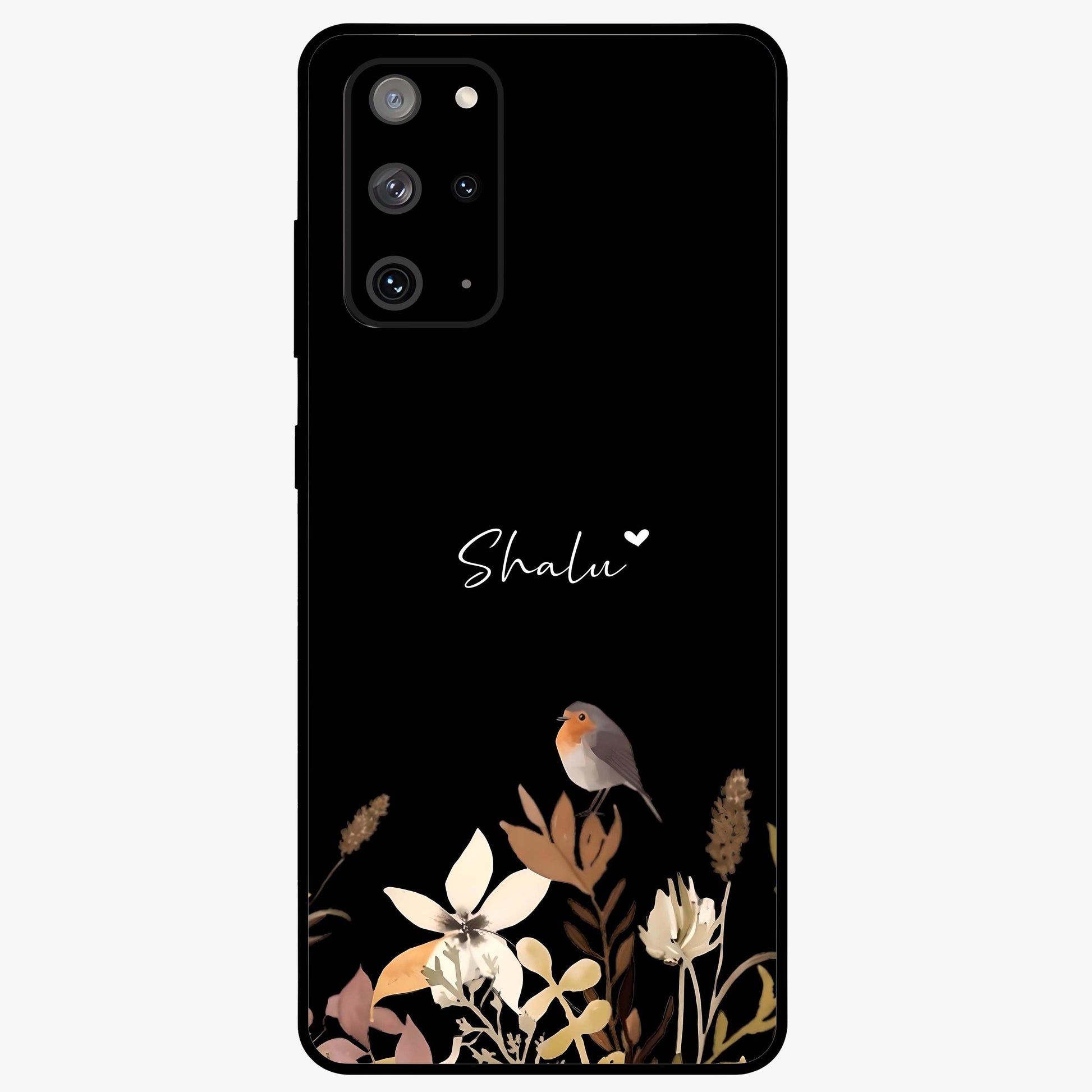 Quiet Garden Tune Custom Name Glass Case showing flat back view with peaceful garden artwork and personalized name design.