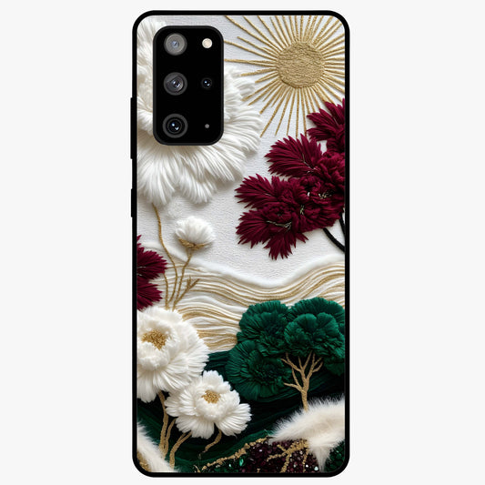 Radiant Bloom Elegance Glass Case showing flat back view with elegant blooming flower artwork and glossy glass finish.