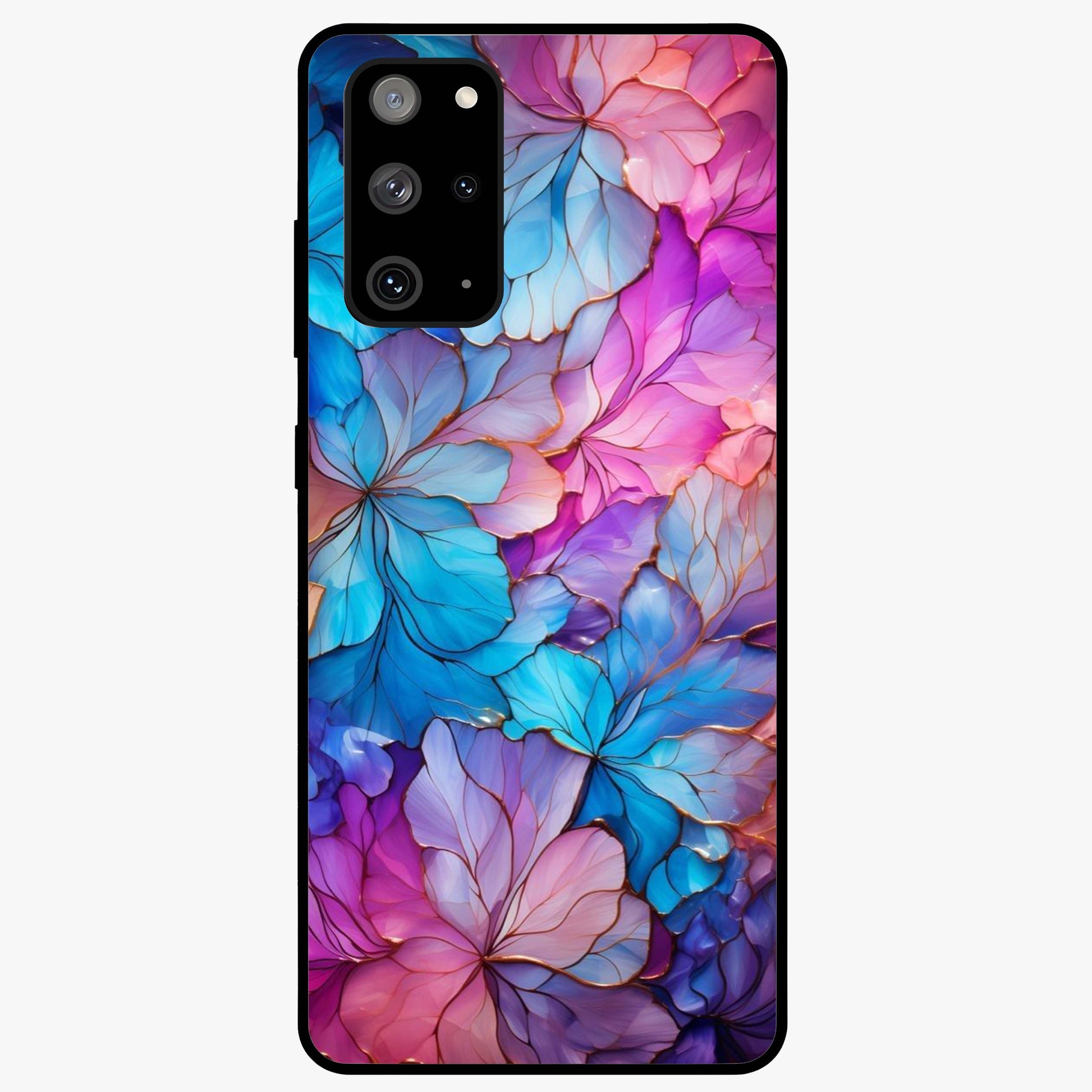 Radiant Floral Whirl Glass Case showing flat back view with swirling floral artwork and glossy glass finish.
