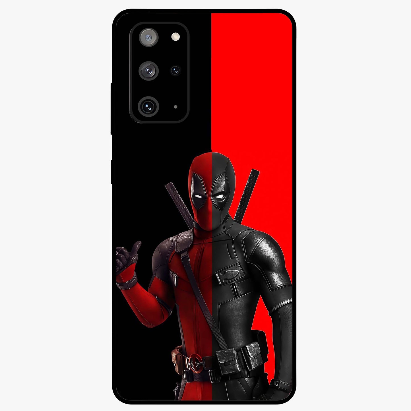 Red & Black Deadpool Theme Glass Case showing flat back view with bold comic inspired artwork and glossy glass finish.