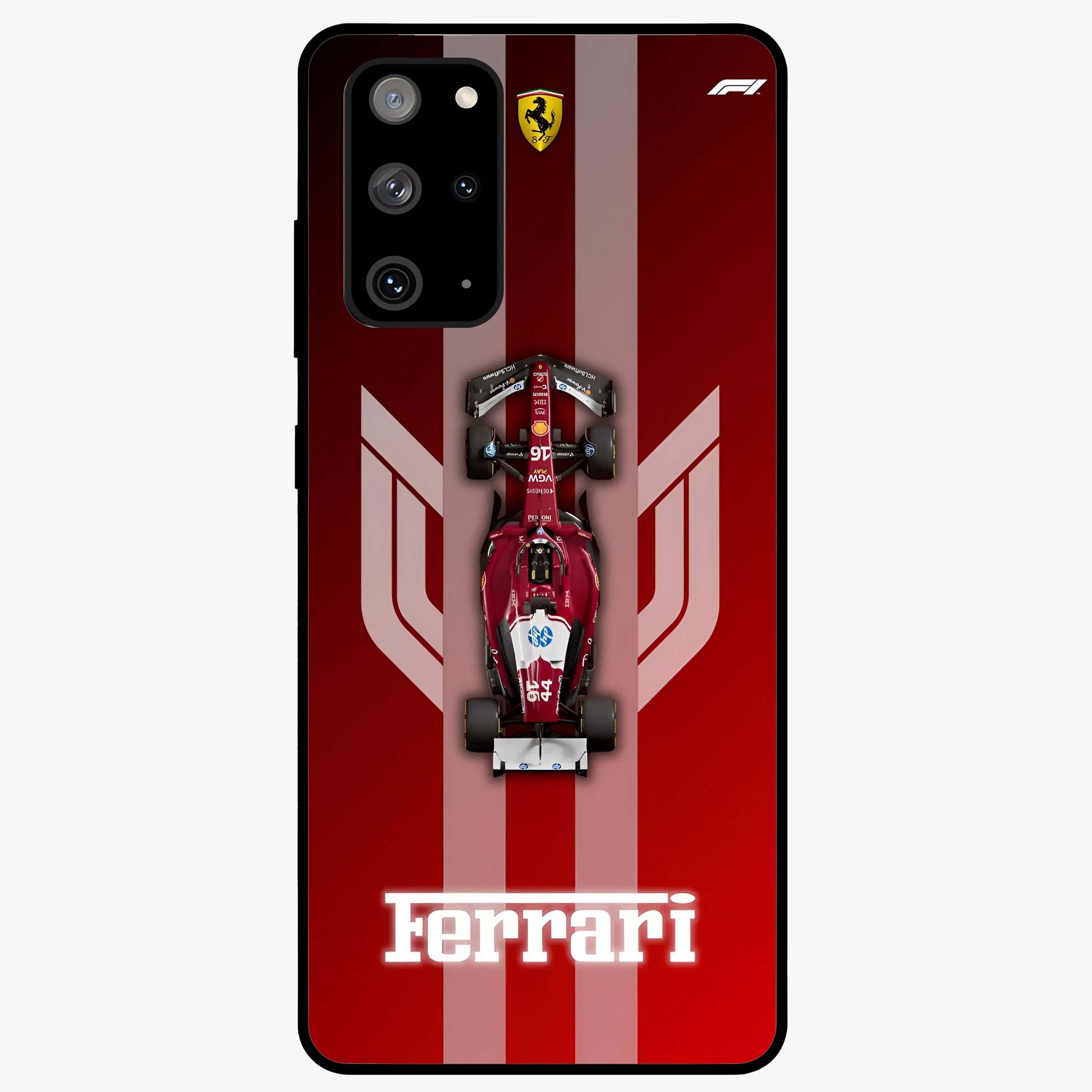 Red Ferrari F1 Vertical Glass Case showing flat back view with sleek Formula racing car artwork and glossy glass finish.
