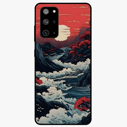Red Sunset Scenery Glass Case showing flat back view with vibrant sunset landscape artwork and glossy glass finish.