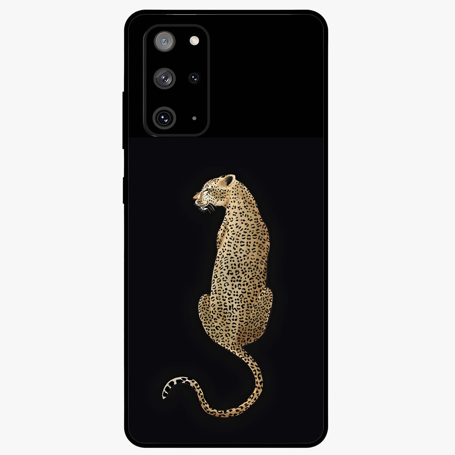 Regal Leopard Glass Case showing flat back view with bold leopard artwork and glossy glass finish.