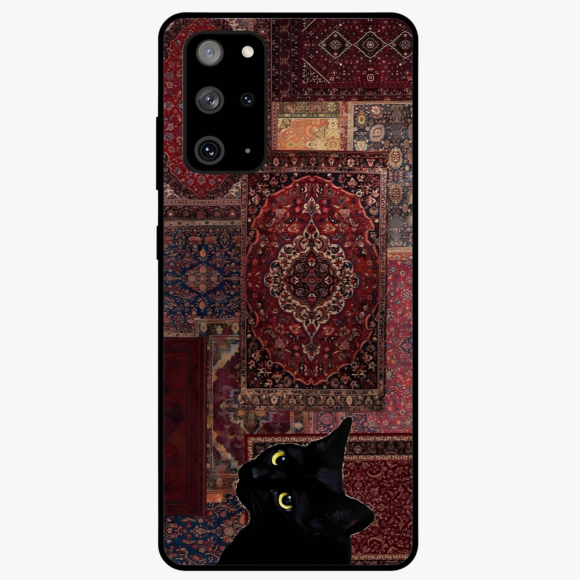 Regal Magic Cat Apple Glass Case showing flat back view with magical cat artwork holding apple and glossy glass finish.