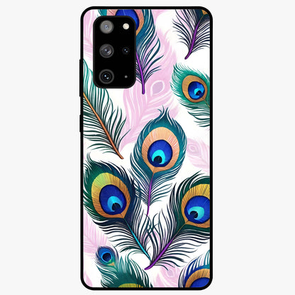 Royal Peacock Feathers Glass Case showing flat back view with colorful peacock feather artwork and glossy glass finish.