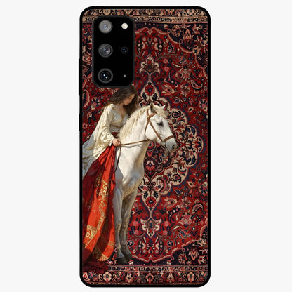 Royal Rider Tapestry Glass Case showing flat back view with majestic horse rider tapestry artwork and glossy glass finish.