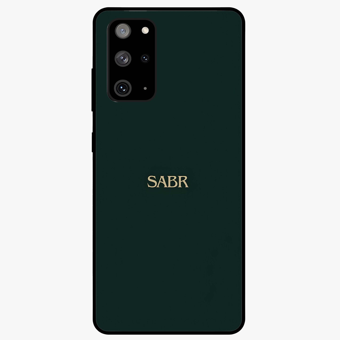 Sabr Minimal Patience Glass Case showing flat back view with minimalist typography artwork and glossy glass finish.