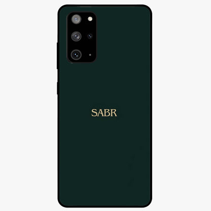 Sabr Minimal Patience Glass Case showing flat back view with minimalist typography artwork and glossy glass finish.
