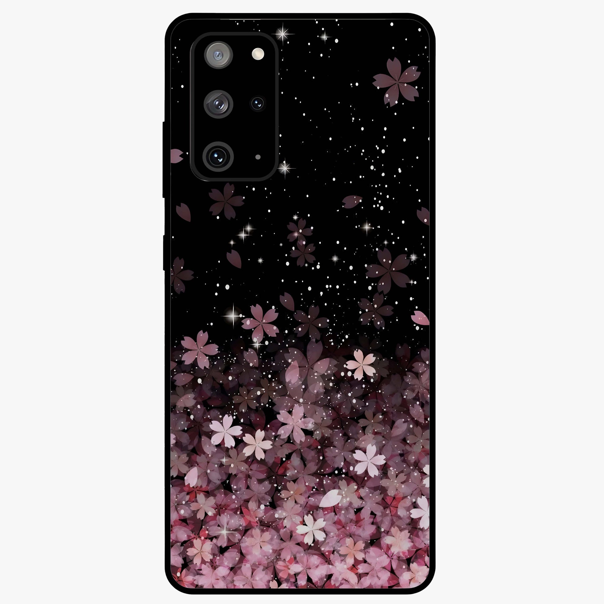 Small Starry Flowers Glass Case showing flat back view with delicate starry floral artwork and glossy glass finish.