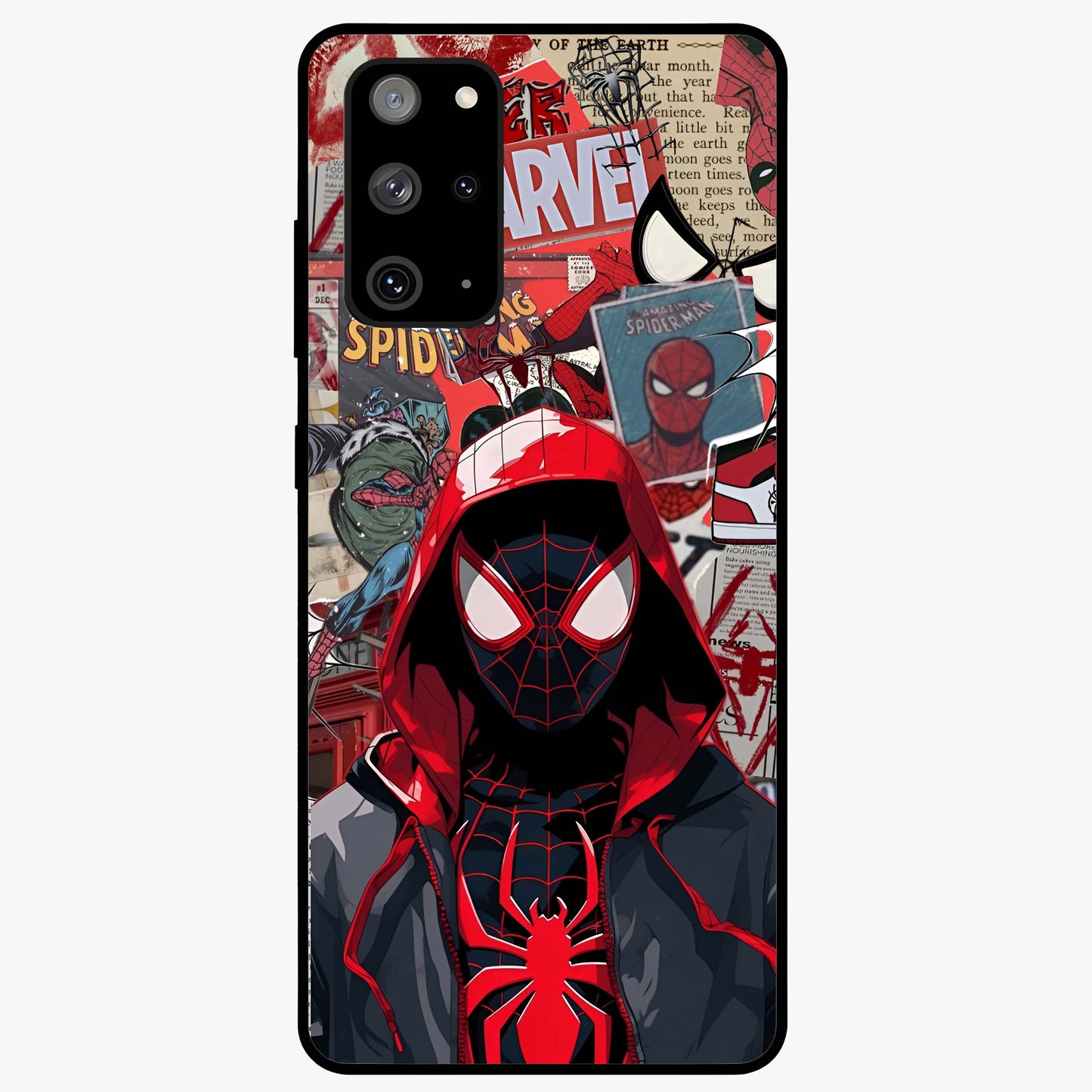 Spider Collage Street Glass Case showing flat back view with vibrant superhero collage artwork and glossy glass finish.