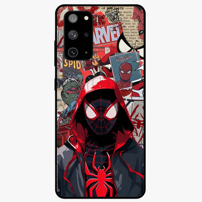 Spider Collage Street Glass Case showing flat back view with vibrant superhero collage artwork and glossy glass finish.