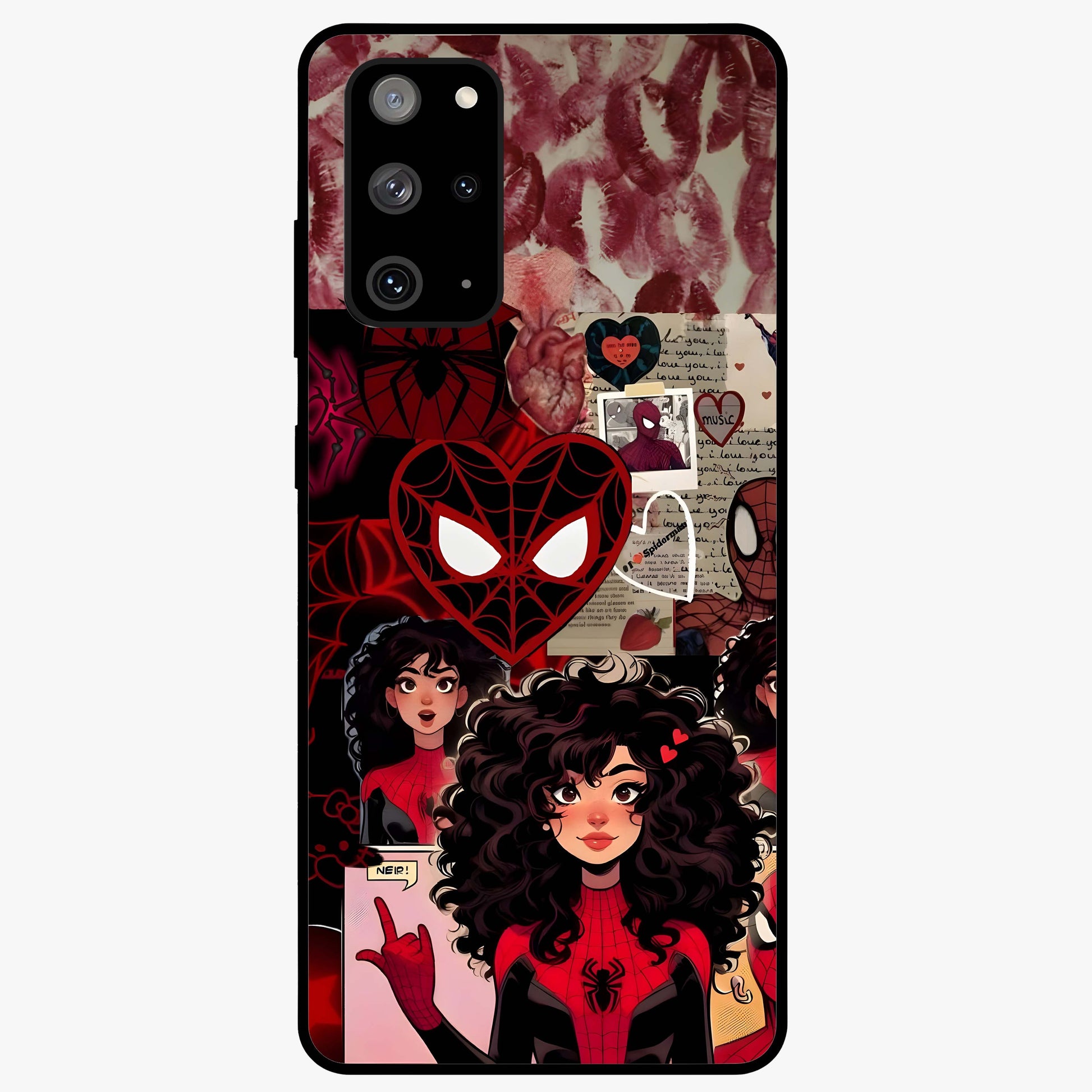 Spider Love Story Glass Case showing flat back view with romantic superhero themed artwork and glossy glass finish.
