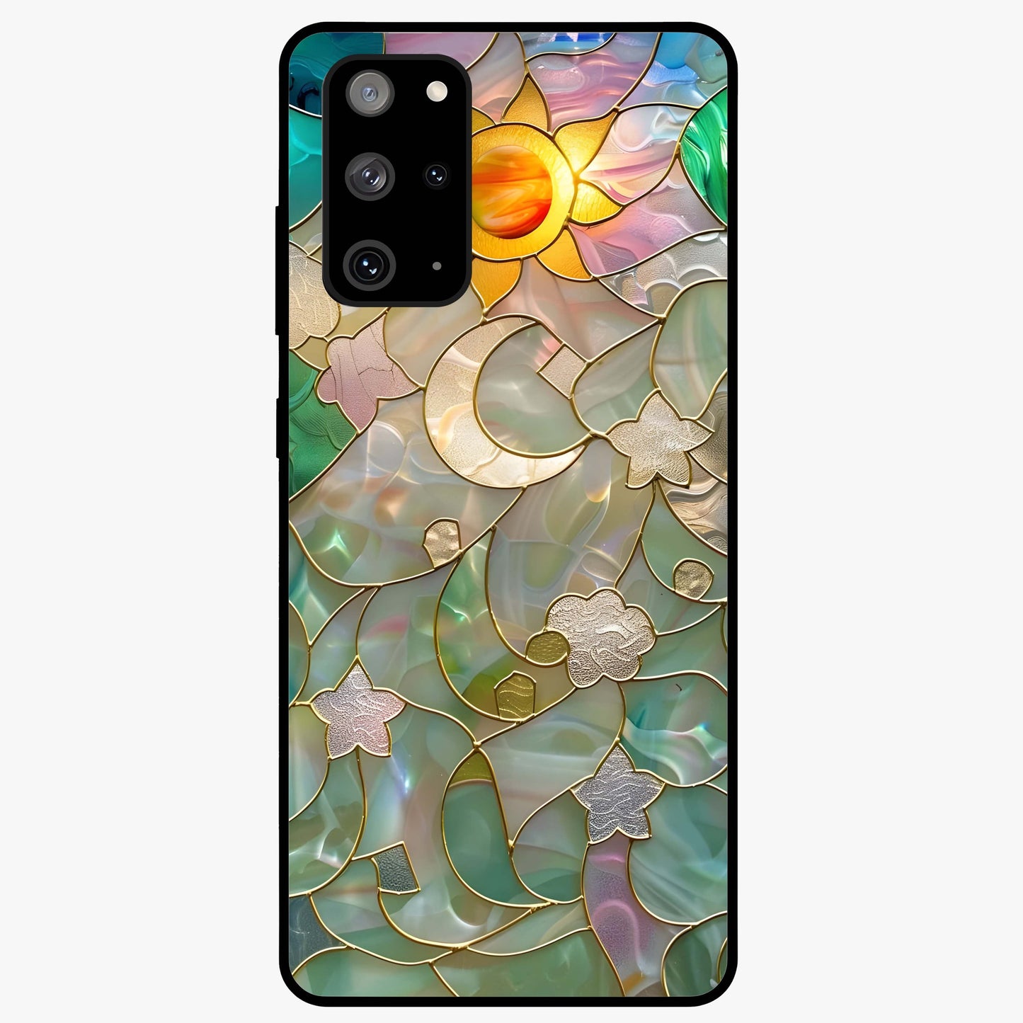 Stained Sunrise Glow Glass Case showing flat back view with glowing sunrise stained pattern artwork and glossy glass finish.