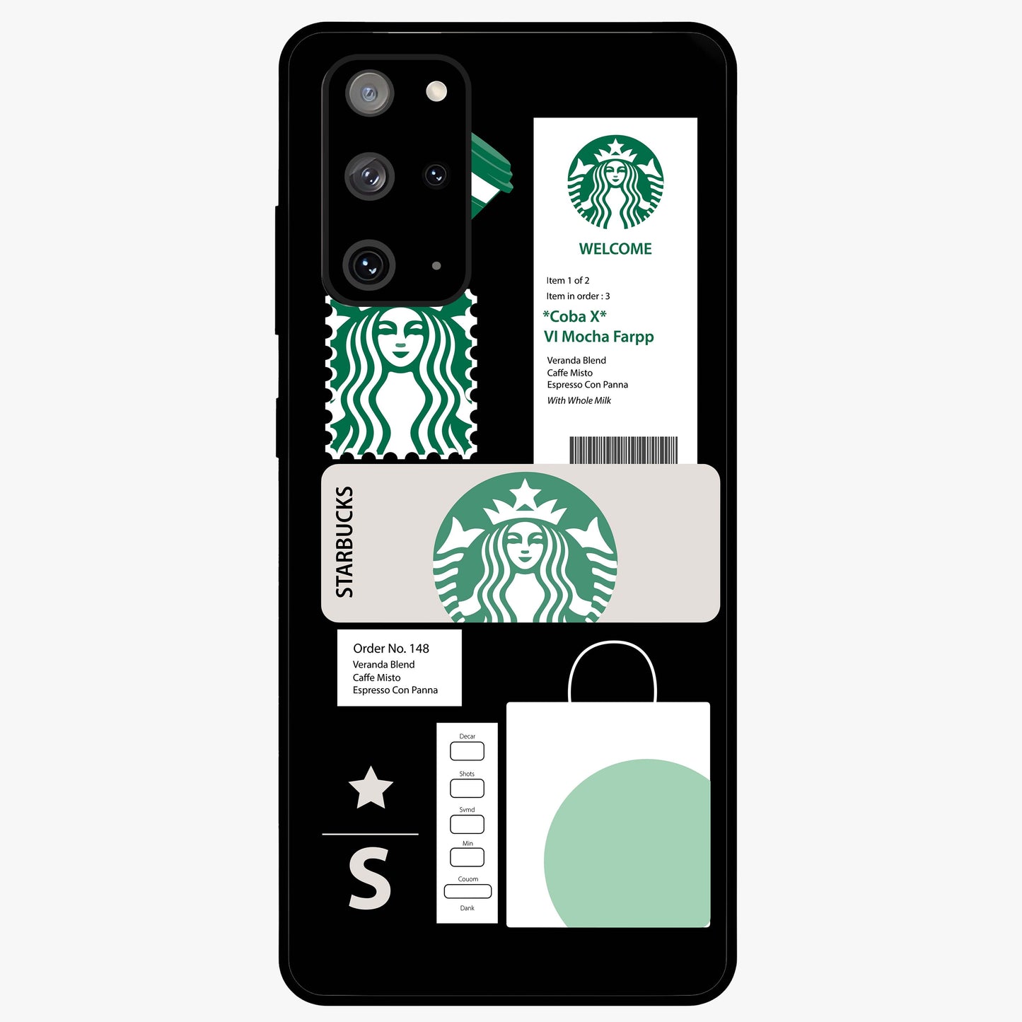 Starbucks Mocha Glass Case showing flat back view with coffee inspired artwork and glossy glass finish.