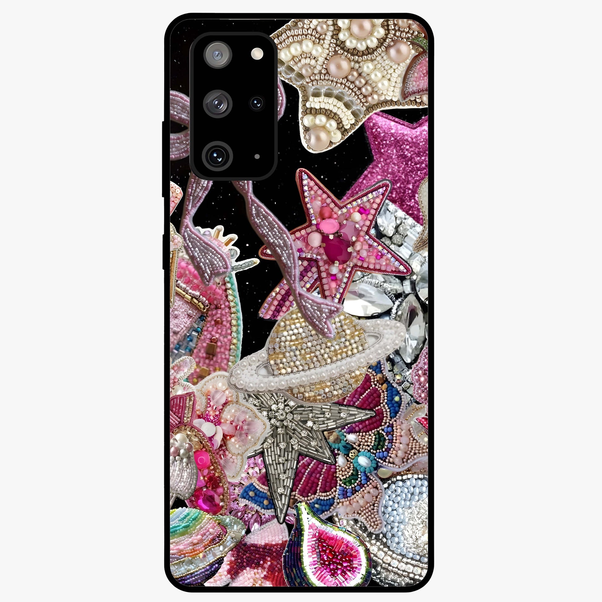 Starlit Jewel Dream Glass Case showing flat back view with sparkling jewel and star themed artwork and glossy glass finish.